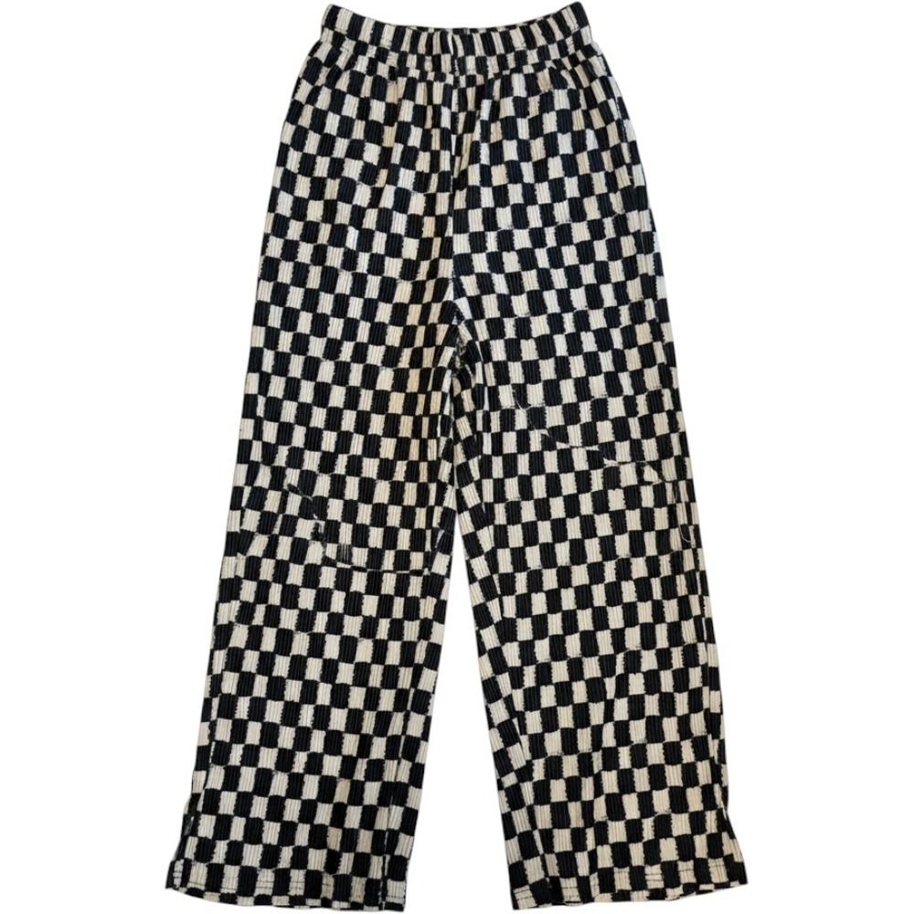 Friful Black White Checkerboard Plisse Wide Leg Pants XS High Waisted Trousers